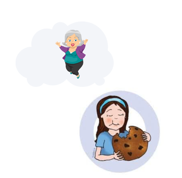 A graphic showing a girl eating a cookie and thinking of her grandma.