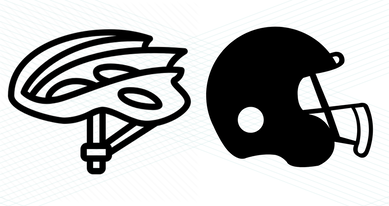 A graphic showing a bike helmet and a football helmet.