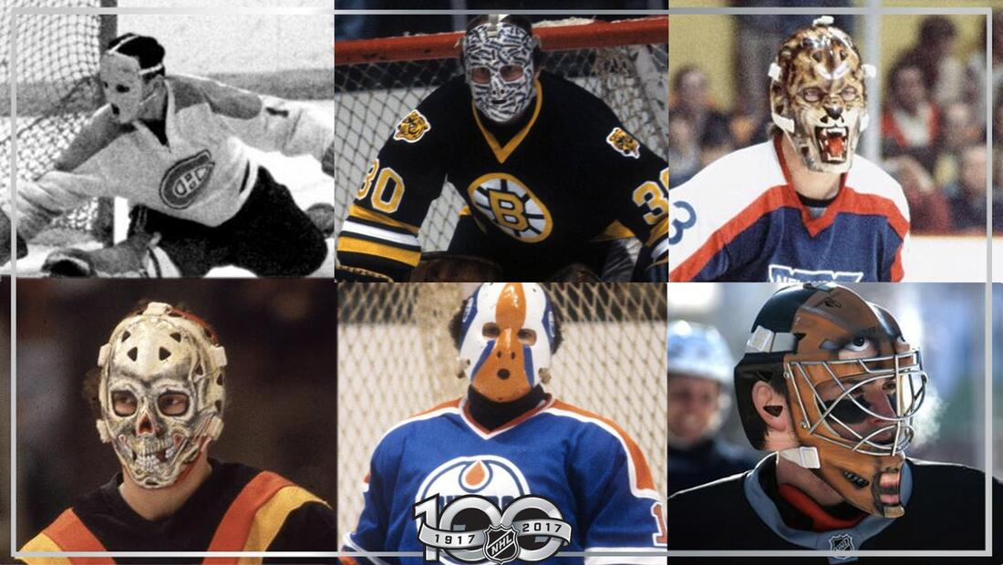 A collection of different hockey goalies wearing different masks.