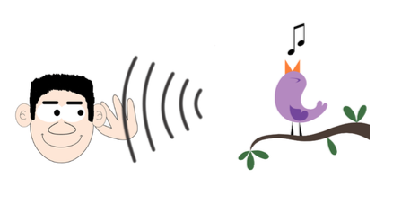 A graphic showing a person listening to a bird sing.