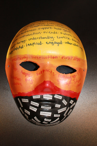 Stephanie - This mask represents the spectrum of emotion and ability following brain injury. It describes coming from the black, and moving more and more into the light. 